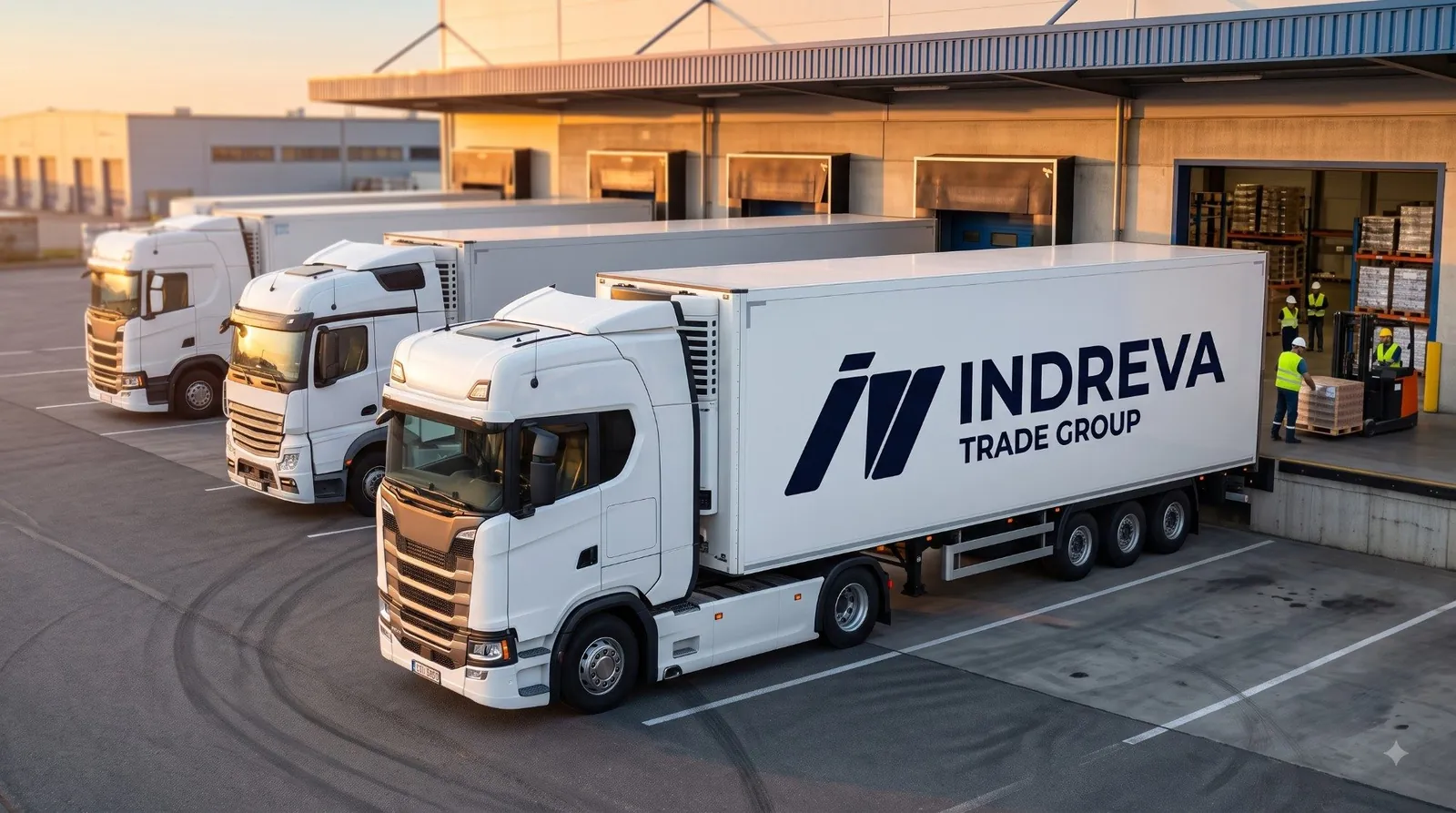 Indreva Trade Group delivery trucks loading at a warehouse dock