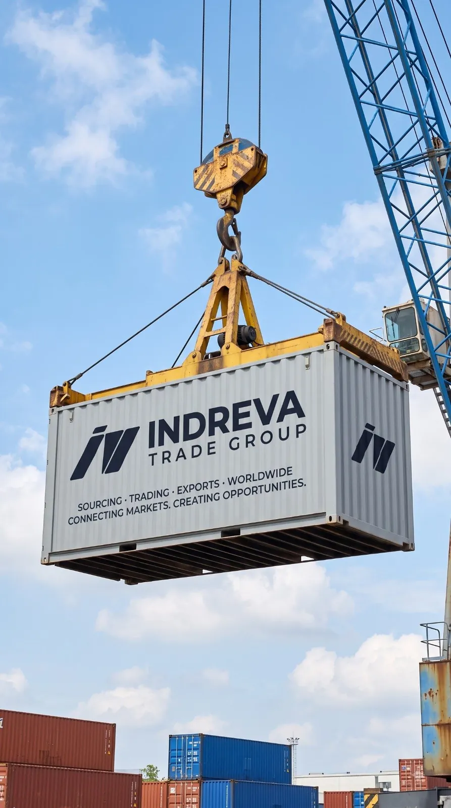Container branded with the Indreva Trade Group mark being lifted at a port